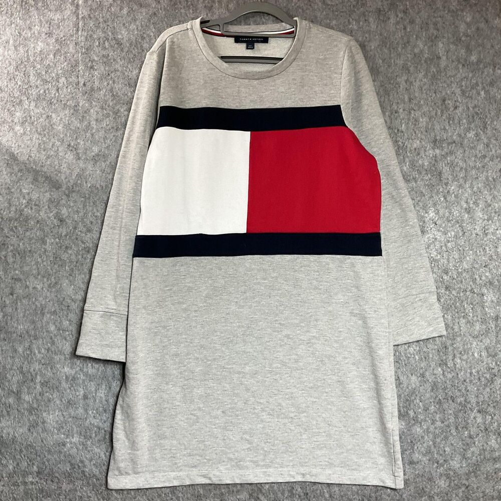 Tommy Hilfiger Sweatshirt Dress Womens Large Gray Colorblock Flag Logo Y2K